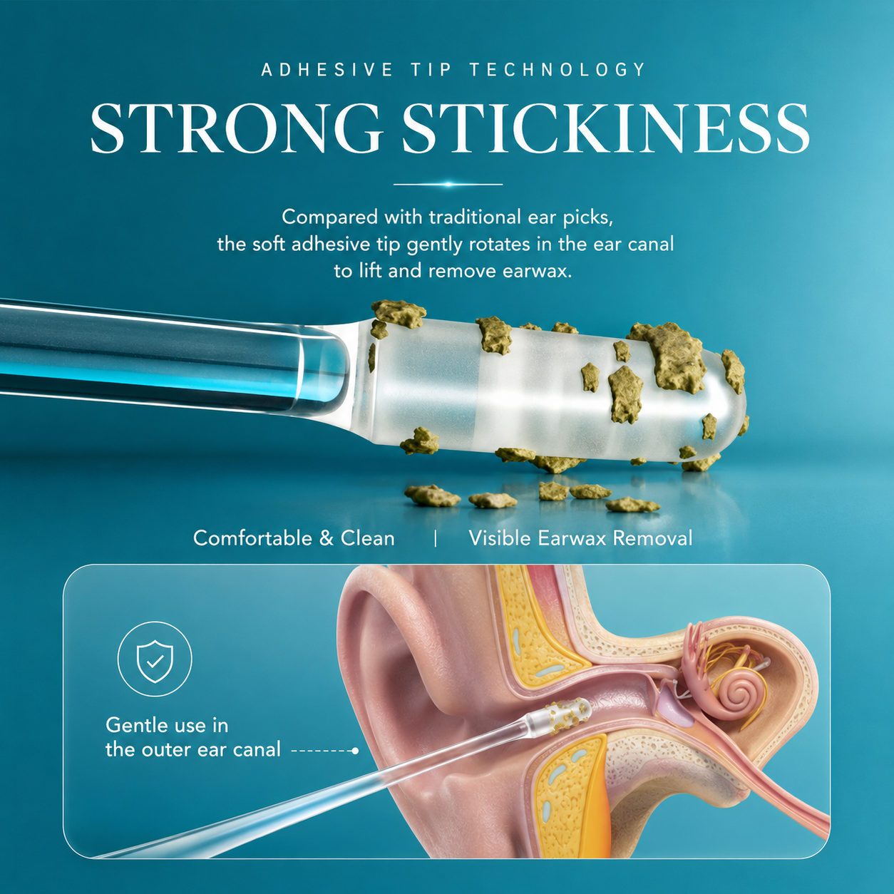 Sticky ear cleaner adhesive tip technology