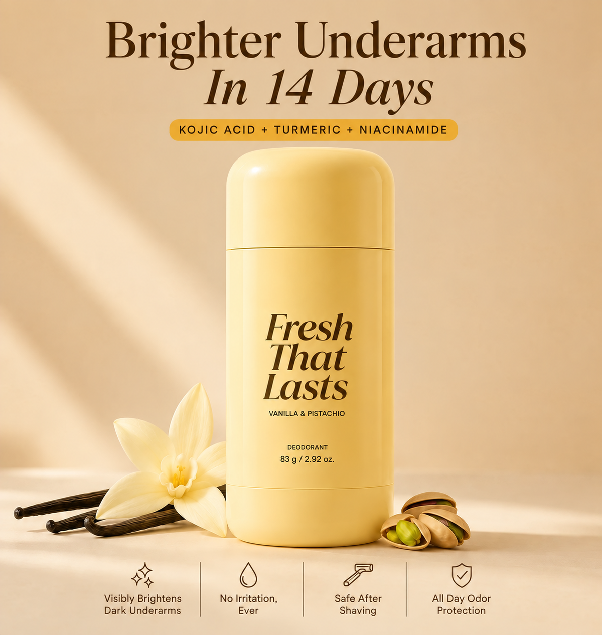 Kojic Acid + Turmeric Brightening Deodorant – Aluminum-Free with Vanilla & Pistachio