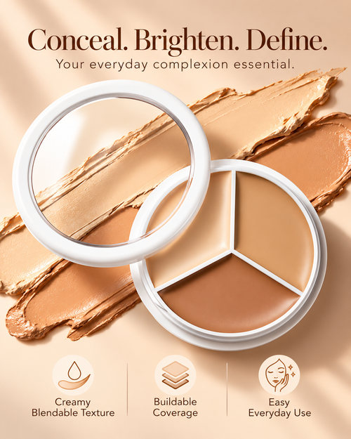 3-in-1 Concealer Cream Palette – Full Coverage, Brightening & Contouring