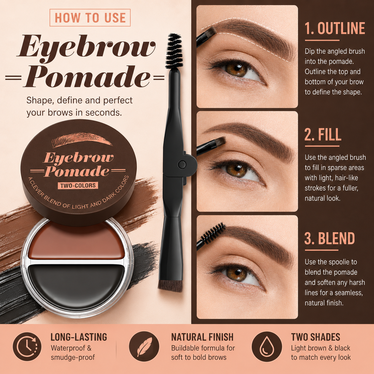 Eyebrow Pomade – Brown & Black Waterproof Brow Cream with Dual-Ended Brush
